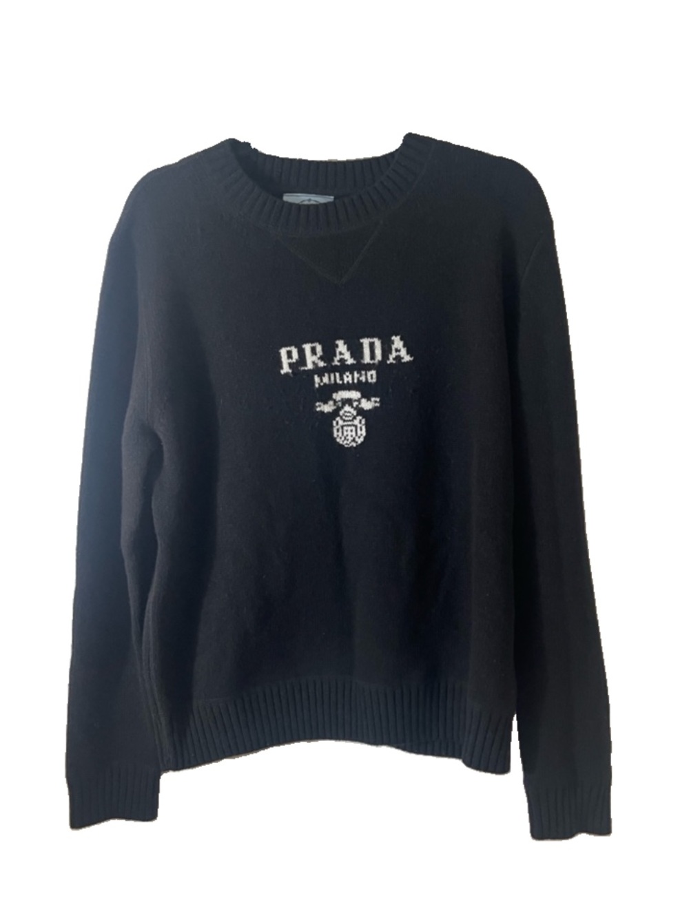 PRADA MILANO EMBROIDERED LOGO KNIT VIRGIN WOOL SWEATER - BLACK SIZE L